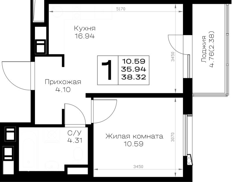 2-комнатная (Евро) квартира, 38.32 м² в ЖК "Борский" - планировка, фото №1