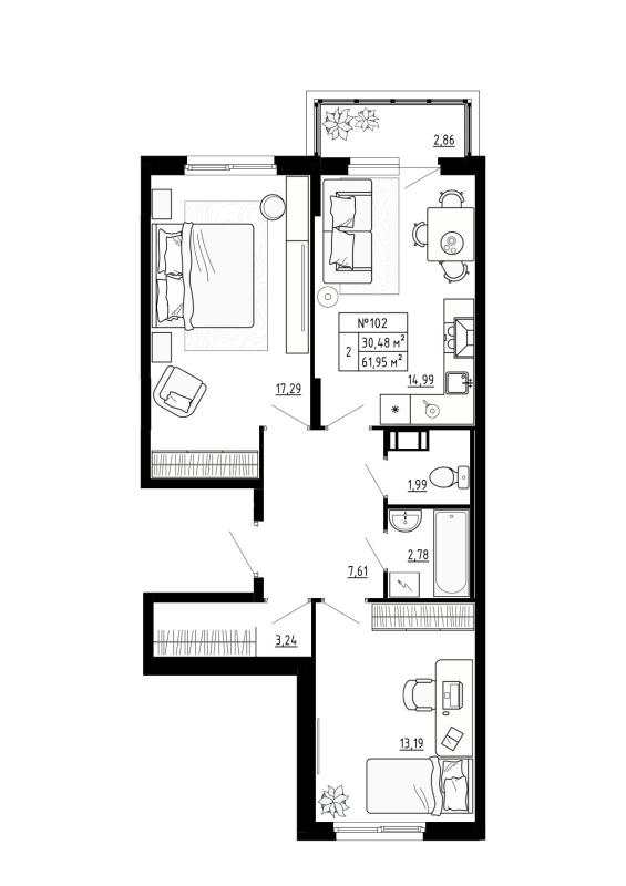 2-комнатная квартира, 61.95 м² - планировка, фото №1