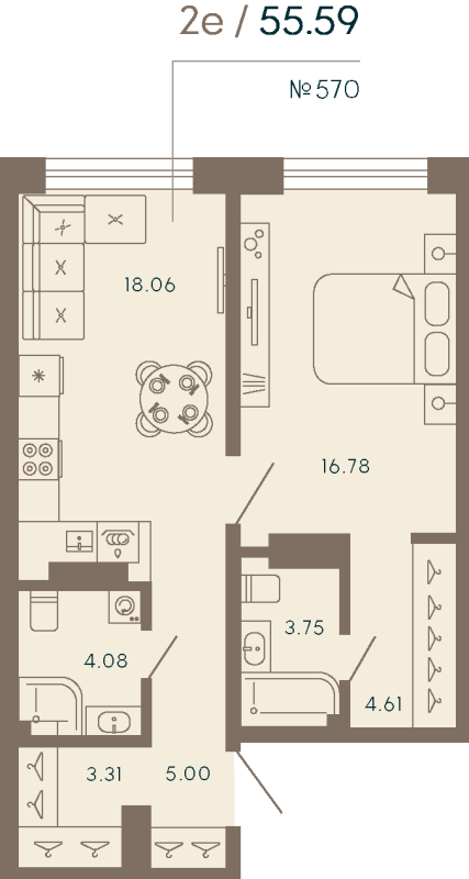 2-комнатная (Евро) квартира, 55.59 м² в ЖК "17/33 Петровский остров" - планировка, фото №1
