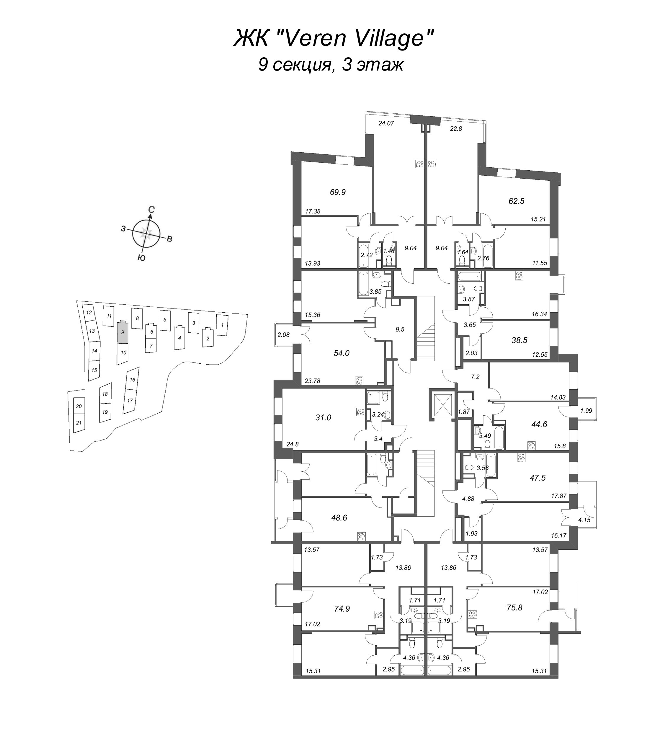 Квартира-студия, 31.8 м² в ЖК "VEREN VILLAGE стрельна" - планировка этажа