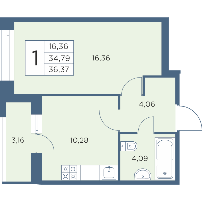 1-комнатная квартира, 36.03 м² - планировка, фото №1