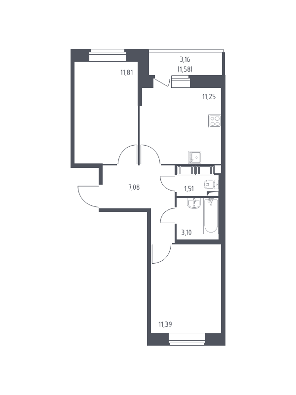 2-комнатная квартира, 47.72 м² - планировка, фото №1