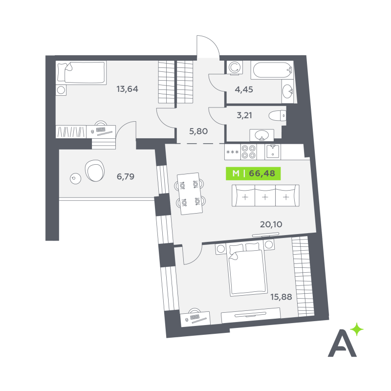 3-комнатная (Евро) квартира, 66.48 м² в ЖК "Аквилон РекаПарк" - планировка, фото №1