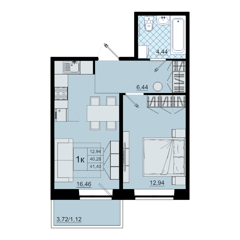 2-комнатная (Евро) квартира, 41.4 м² - планировка, фото №1