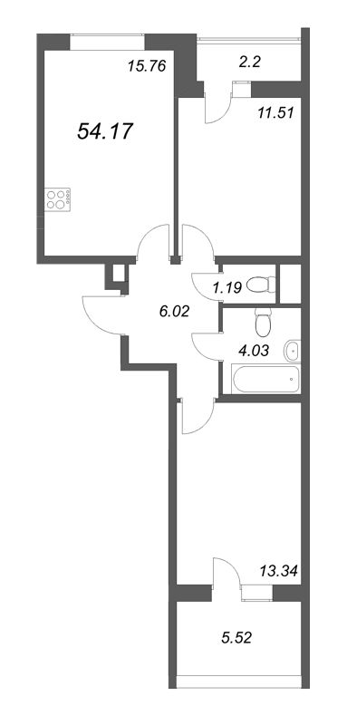 3-комнатная (Евро) квартира, 54.17 м² в ЖК "Южный форт" - планировка, фото №1