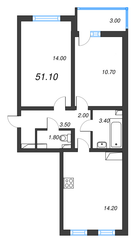 2-комнатная квартира, 51.1 м² в ЖК "Цветной город" - планировка, фото №1