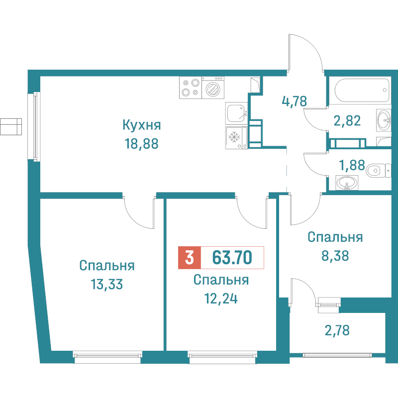 4-комнатная (Евро) квартира, 63.7 м² в ЖК "Графика" - планировка, фото №1