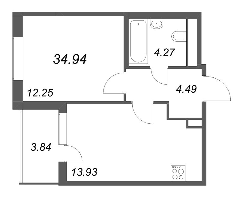 1-комнатная квартира, 34.94 м² в ЖК "ЮгТаун" - планировка, фото №1