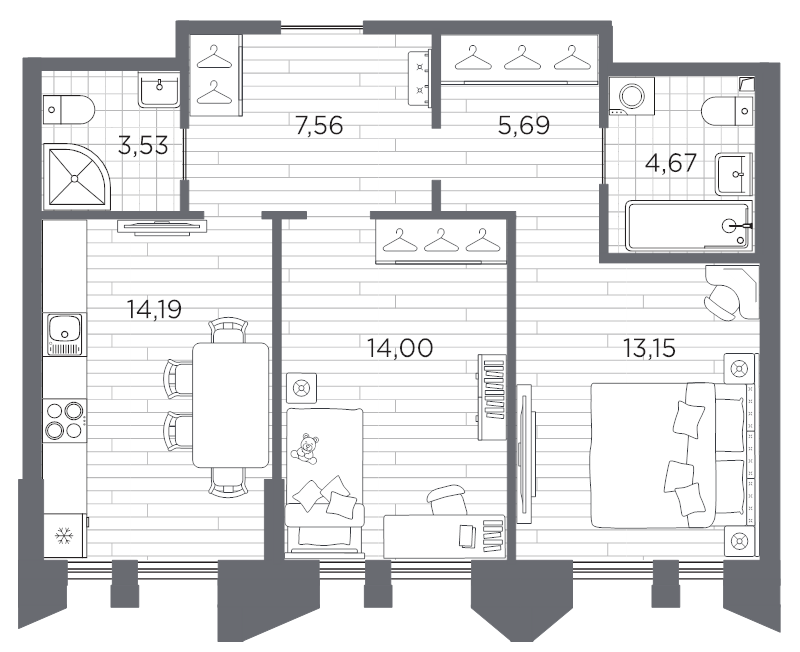 2-комнатная квартира, 62.79 м² в ЖК "Галерная гавань" - планировка, фото №1