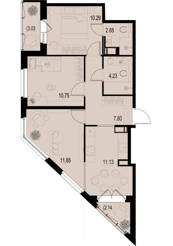 3-комнатная квартира, 61.52 м² - планировка, фото №1