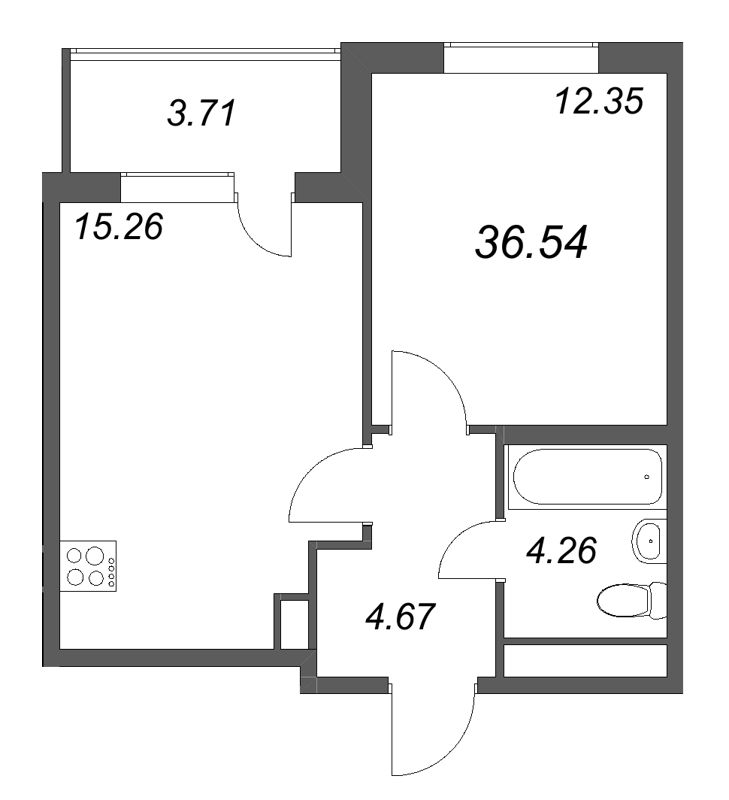 2-комнатная (Евро) квартира, 36.54 м² в ЖК "ЮгТаун" - планировка, фото №1