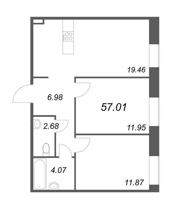 3-комнатная (Евро) квартира, 57.01 м² - планировка, фото №1