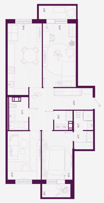 3-комнатная квартира, 86.48 м² - планировка, фото №1