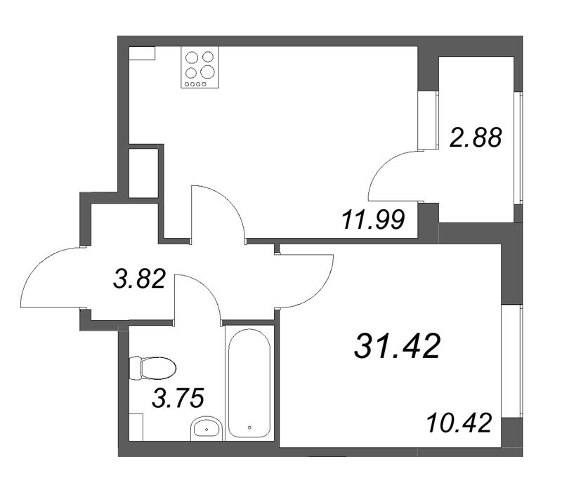 1-комнатная квартира, 31.42 м² в ЖК "Гранат" - планировка, фото №1