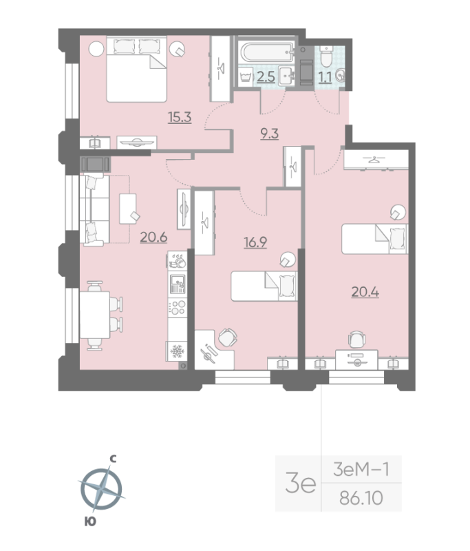 4-комнатная (Евро) квартира, 86.1 м² - планировка, фото №1