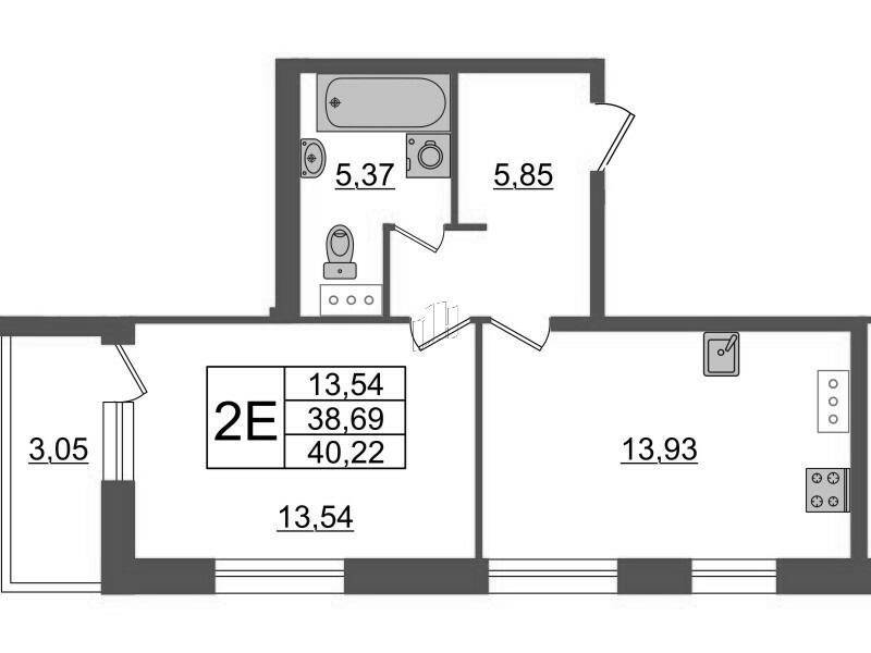 1-комнатная квартира, 40.22 м² - планировка, фото №1