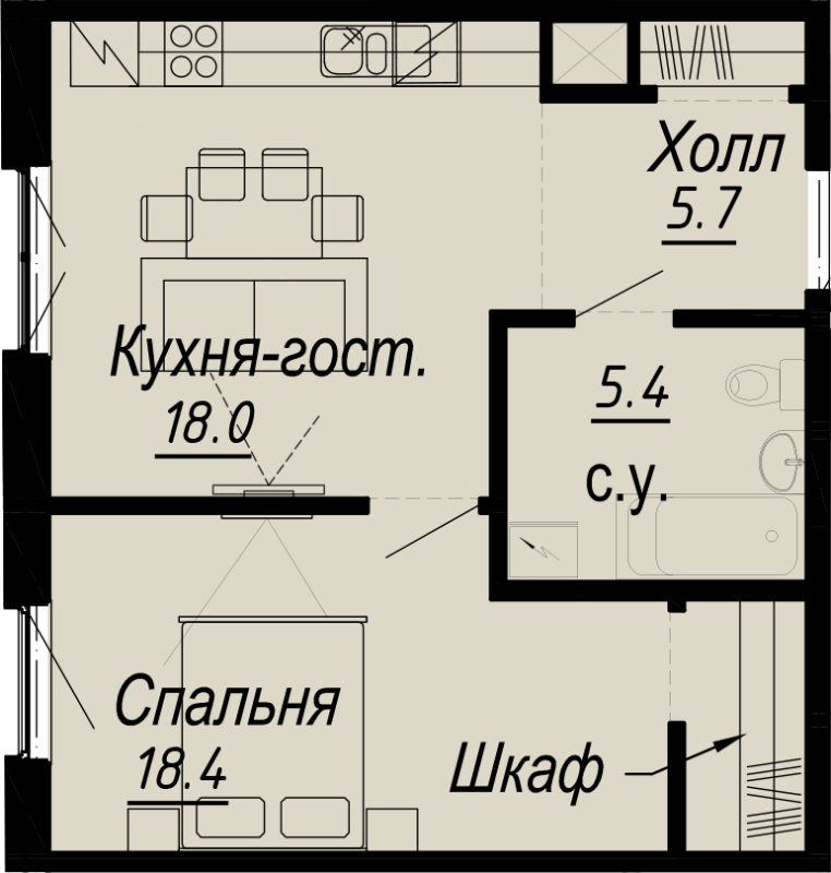 2-комнатная (Евро) квартира, 47.5 м² - планировка, фото №1