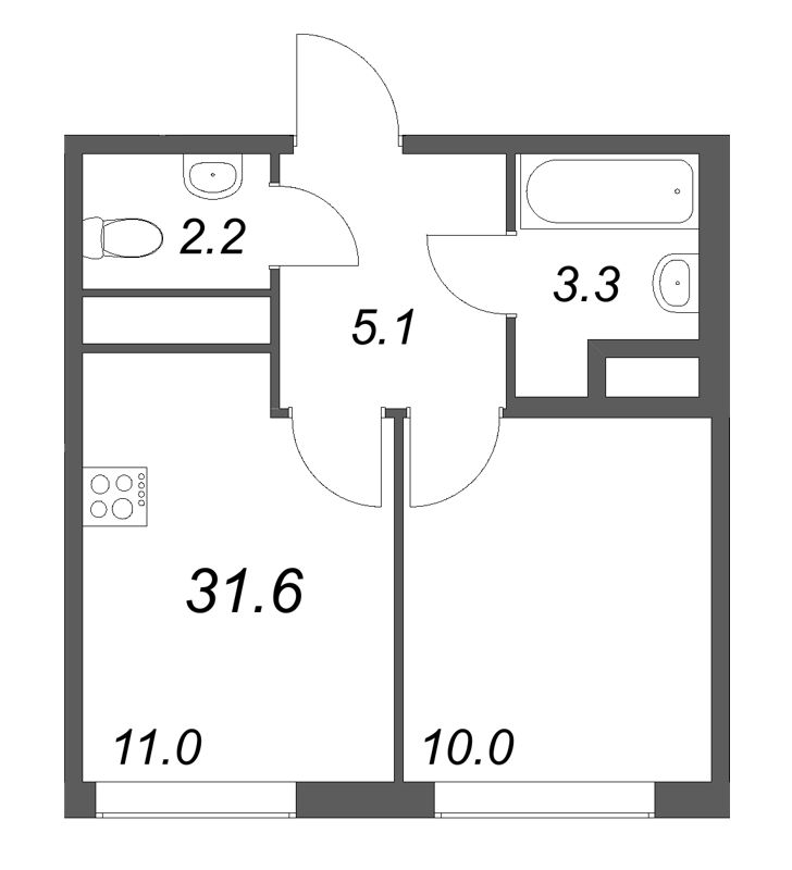 1-комнатная квартира, 31.6 м² в ЖК "Гений" - планировка, фото №1