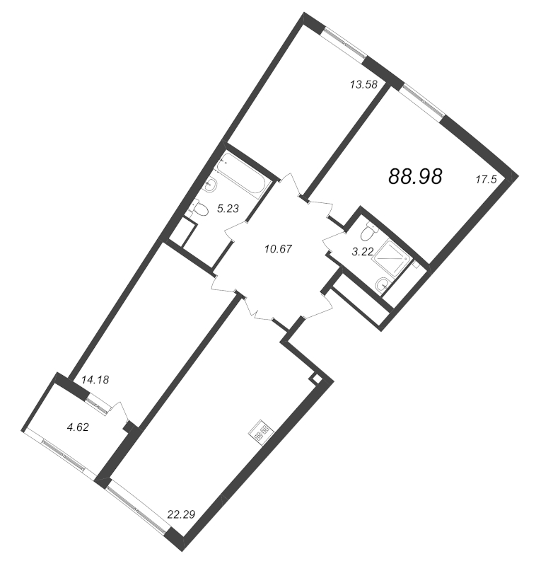 3-комнатная (Евро) квартира, 88.98 м² - планировка, фото №1