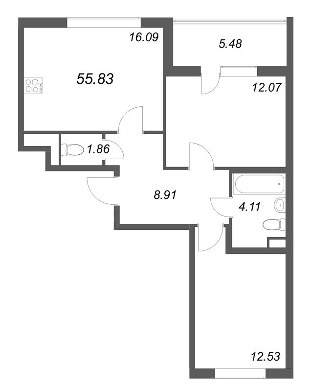 3-комнатная (Евро) квартира, 55.83 м² в ЖК "ЮгТаун" - планировка, фото №1