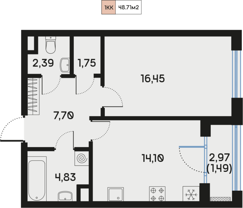 1-комнатная квартира, 48.71 м² - планировка, фото №1