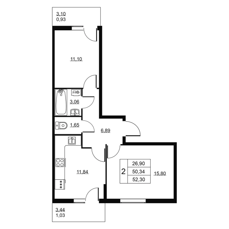 2-комнатная квартира, 52.3 м² в ЖК "Пулковское, 34" - планировка, фото №1