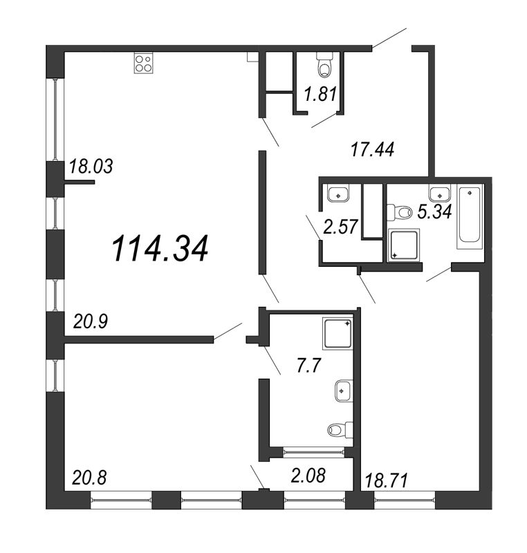 3-комнатная квартира, 114.34 м² - планировка, фото №1