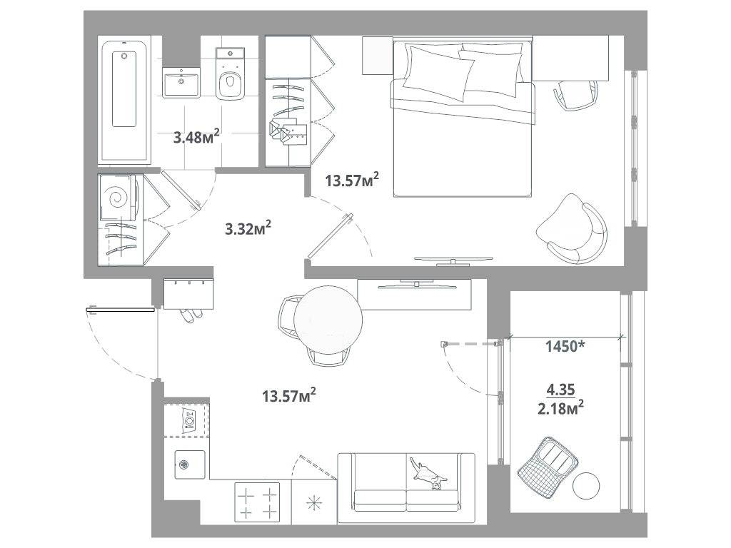 1-комнатная квартира, 36.12 м² - планировка, фото №1