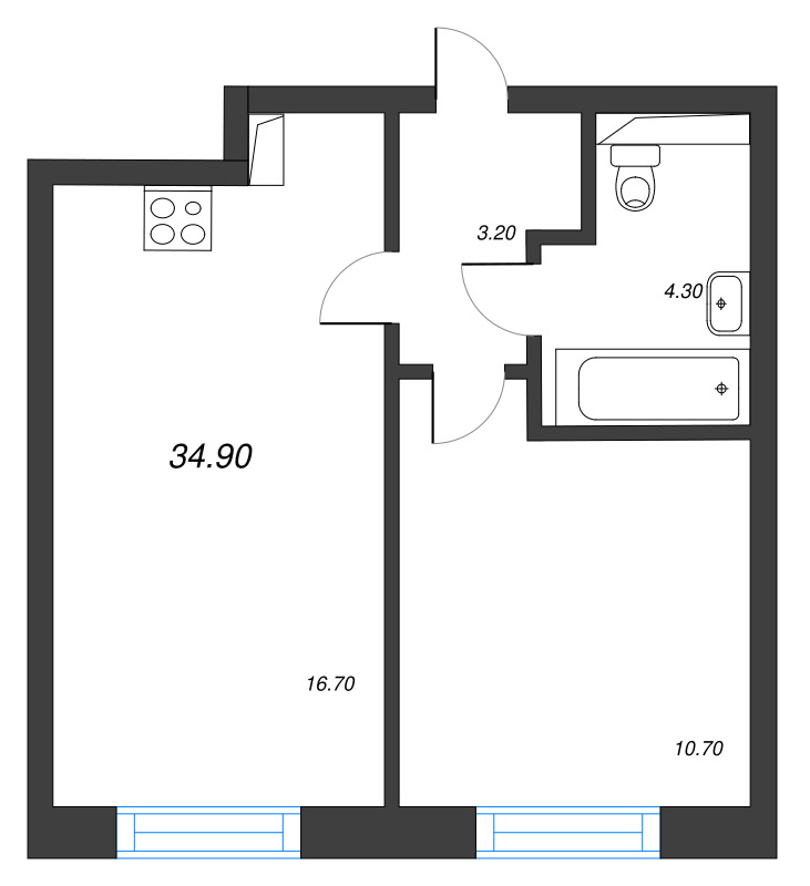2-комнатная (Евро) квартира, 34.9 м² в ЖК "Большая Охта" - планировка, фото №1