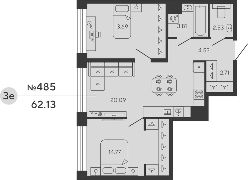 3-комнатная (Евро) квартира, 62.13 м² - планировка, фото №1