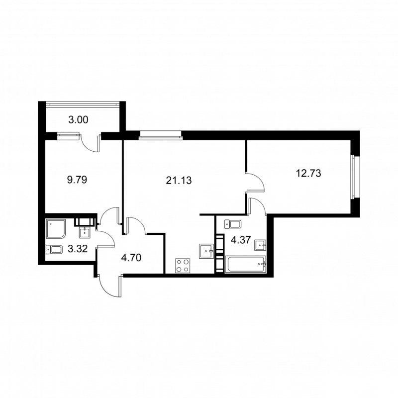 3-комнатная (Евро) квартира, 57.54 м² в ЖК "Квартал Заречье" - планировка, фото №1