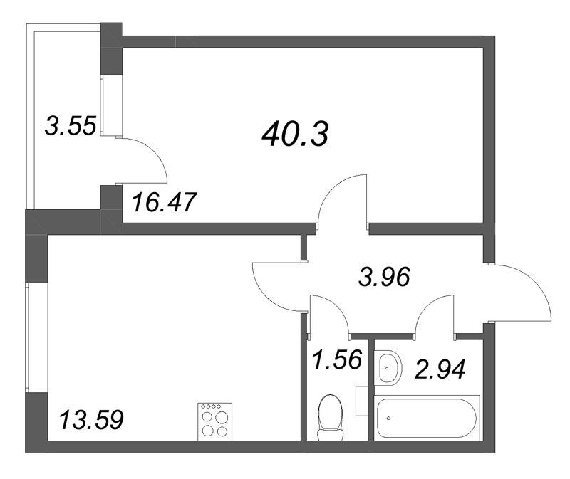 1-комнатная квартира, 40.3 м² в ЖК "АРО" - планировка, фото №1
