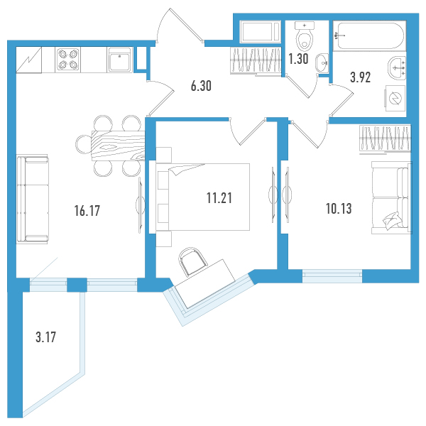 3-комнатная (Евро) квартира, 50.61 м² в ЖК "Мурино Клаб" - планировка, фото №1