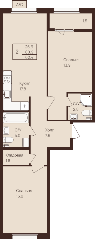 3-комнатная (Евро) квартира, 62.4 м² - планировка, фото №1