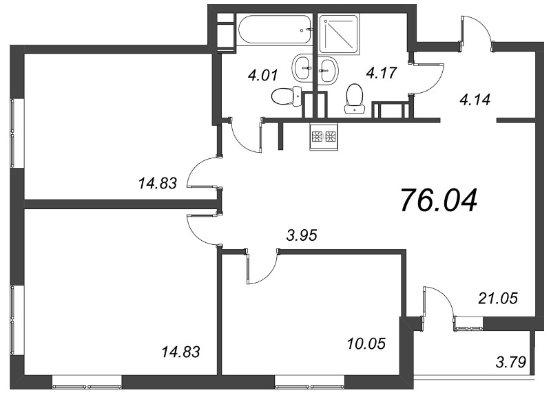 4-комнатная (Евро) квартира, 76.04 м² в ЖК "Чёрная речка" - планировка, фото №1