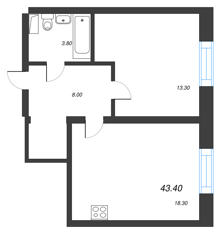 2-комнатная (Евро) квартира, 43.2 м² - планировка, фото №1
