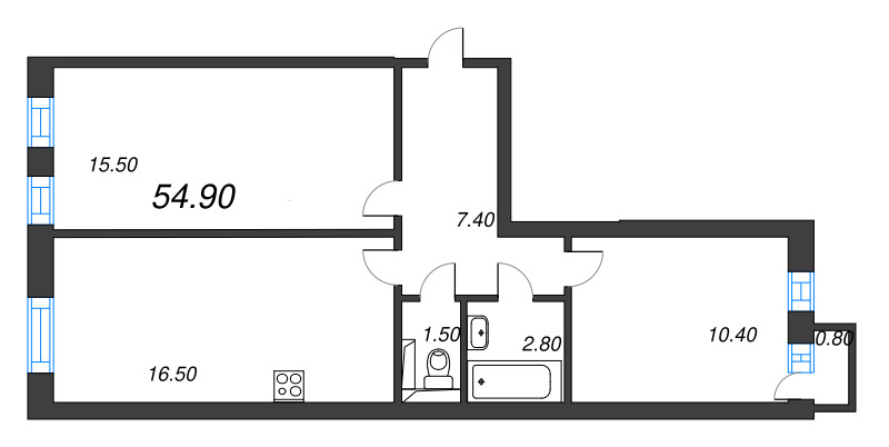 3-комнатная (Евро) квартира, 54.3 м² в ЖК "Эко Квартал Нега" - планировка, фото №1