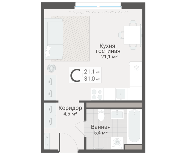 Квартира-студия, 31 м² в ЖК "Руднева 15" - планировка, фото №1