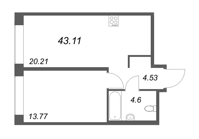 2-комнатная (Евро) квартира, 43.11 м² - планировка, фото №1