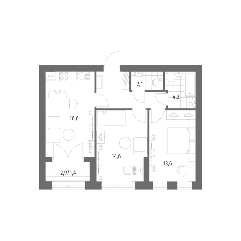 2-комнатная квартира, 59.87 м² в ЖК "Наука" - планировка, фото №1