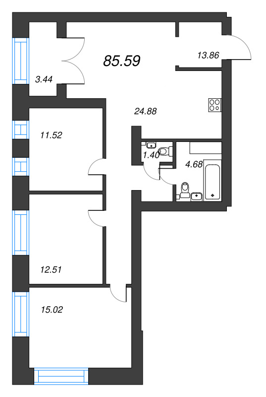 4-комнатная (Евро) квартира, 86.9 м² - планировка, фото №1