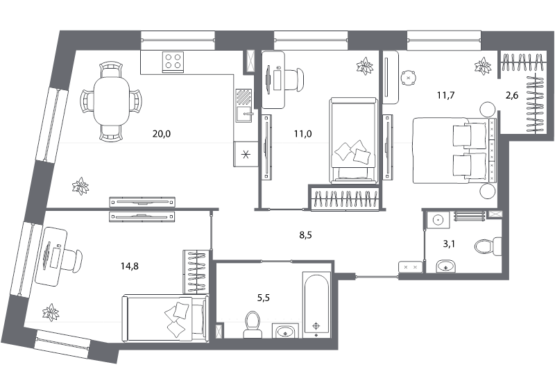 4-комнатная (Евро) квартира, 77.2 м² - планировка, фото №1