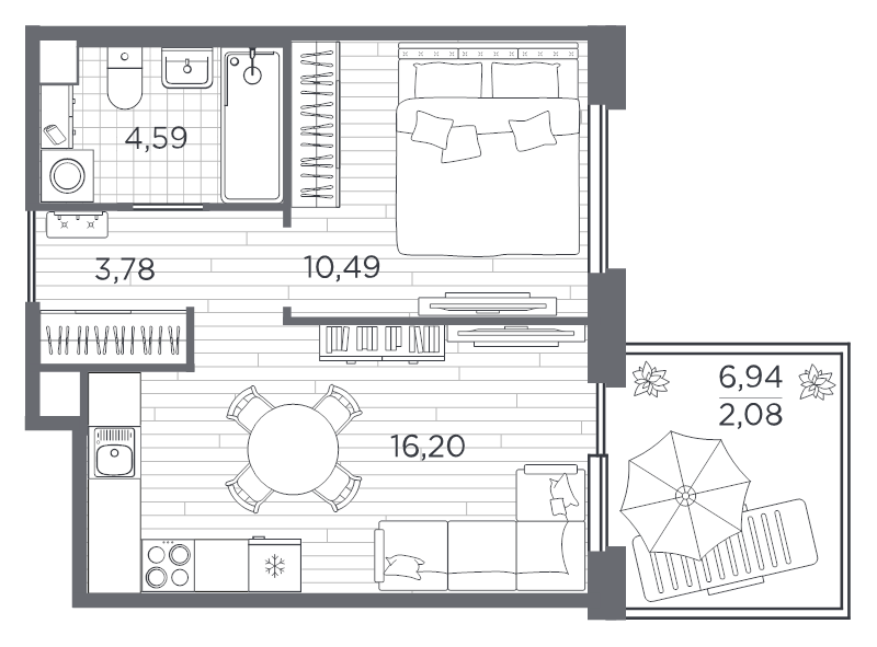 2-комнатная (Евро) квартира, 37.14 м² в ЖК "PLUS Пулковский" - планировка, фото №1
