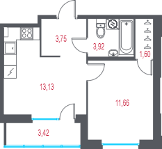 1-комнатная квартира, 35.77 м² - планировка, фото №1
