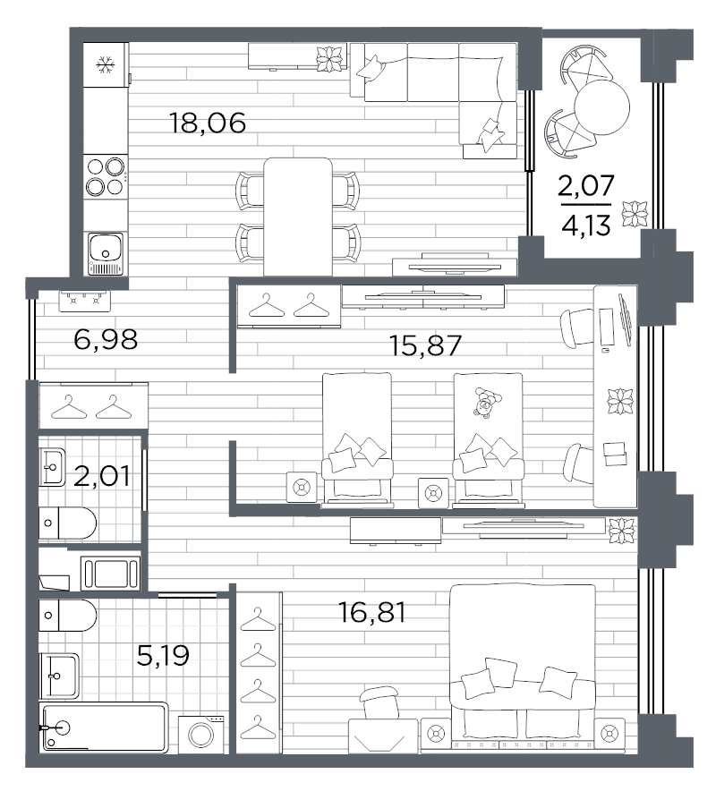 3-комнатная (Евро) квартира, 66.99 м² в ЖК "Ассамблея" - планировка, фото №1