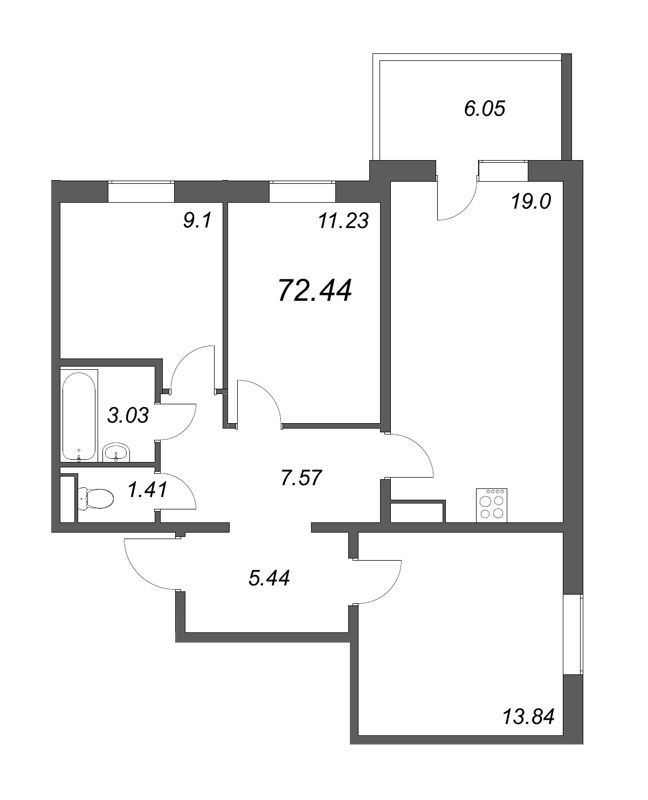 4-комнатная (Евро) квартира, 70.62 м² в ЖК "Юттери" - планировка, фото №1