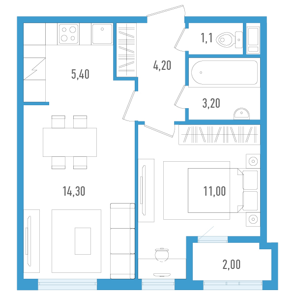 1-комнатная квартира, 39.45 м² в ЖК "AEROCITY" - планировка, фото №1