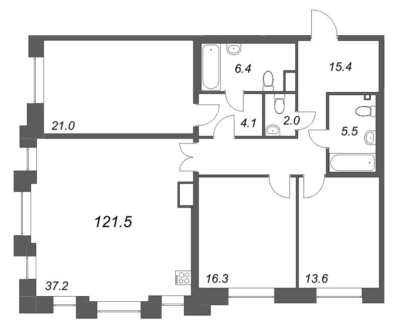 4-комнатная (Евро) квартира, 121.5 м² в ЖК "Коллекционер" - планировка, фото №1
