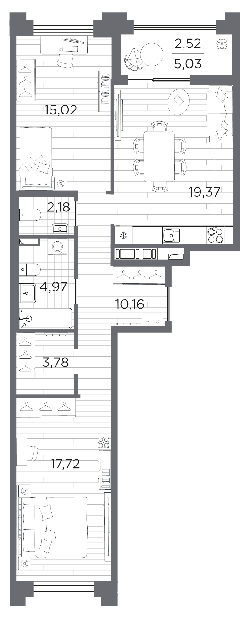 3-комнатная (Евро) квартира, 75.72 м² в ЖК "Ассамблея" - планировка, фото №1
