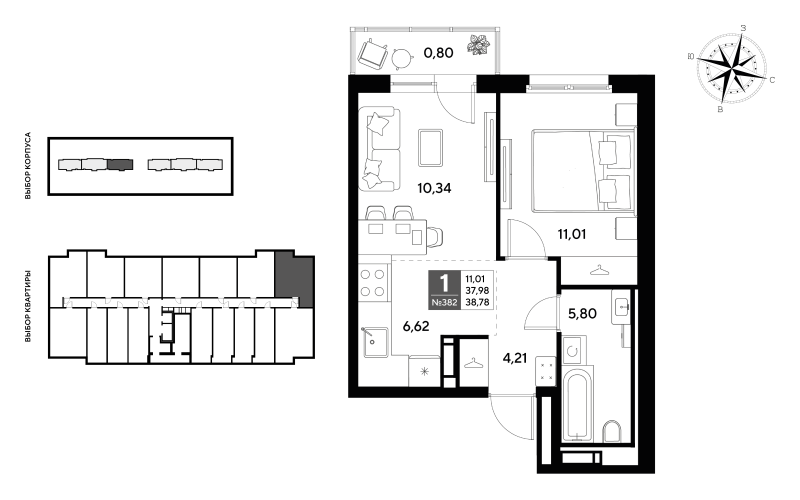 2-комнатная (Евро) квартира, 38.78 м² - планировка, фото №1